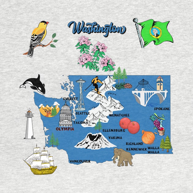 tourism map of Washington state, USA, major cities, flag, landmarks by Mashmosh